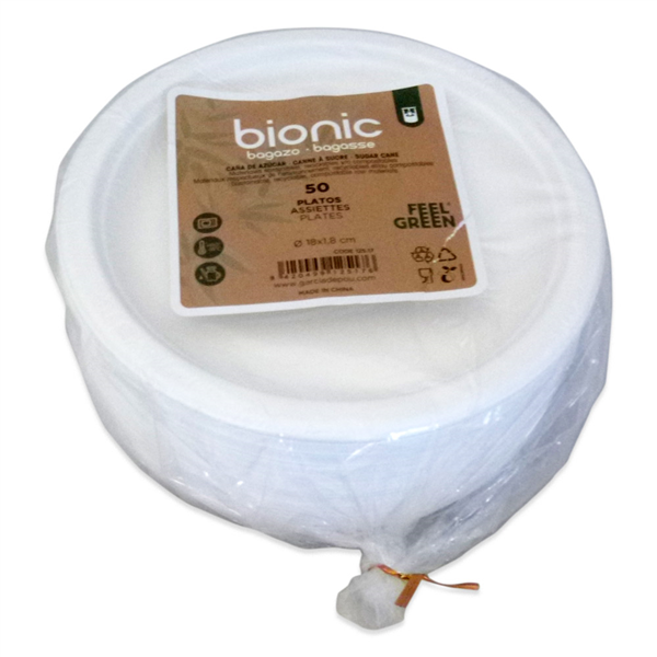 ASSIETTES BIONIC  Ø 18x1,8 CM BLANC BAGASSE (1000 UNITÉ)