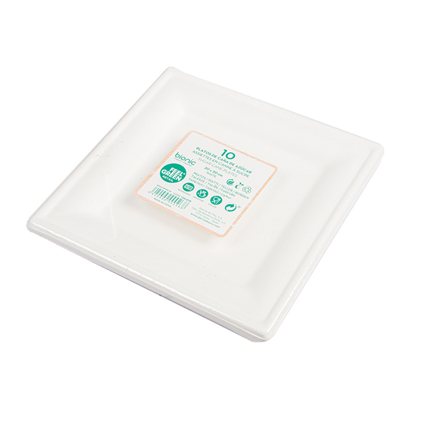ASSIETTES CARRÉES BIONIC  20x20x1 CM BLANC BAGASSE (200 UNITÉ)