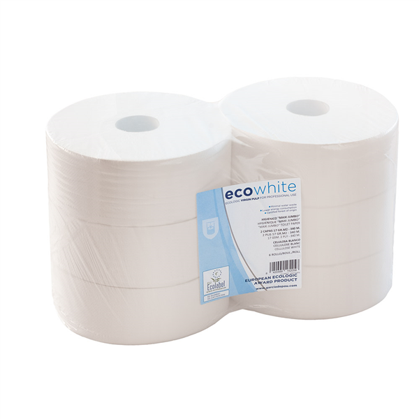 HYGIENIQUE "MAXI JUMBO" ECOLABEL 2 PLIS - 340 M  17 G/M2 Ø26x9,5 CM BLANC OUATE (6 UNITÉ) - Garcia de Pou