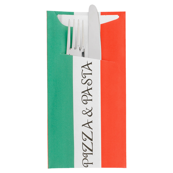 SACS COUVERTS + SERVIETTE "JUST IN TIME - PIZZA " PASTA" 90 + 10PE G/M2 11,2x22,5 CM BLANC CELLULOSE (400 UNITÉ) - Garcia de Pou