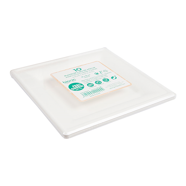 ASSIETTES CARRÉES BIONIC  16x16x1 CM BLANC BAGASSE (180 UNITÉ)
