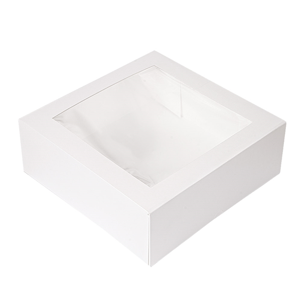 BOÎTES PÂTISSERIES AVEC FENÊTRE "THEPACK" 250 G/M2 + OPP 28x28x10 CM BLANC CARTON ONDULÉ NANO-MICRO (100 UNITÉ)