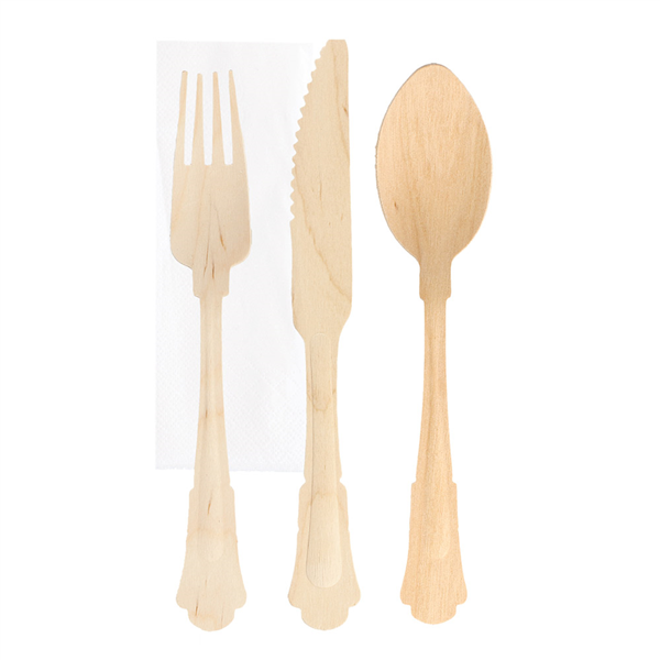 SET FOURCHETTE, COUTEAU, CUILLÈRE+SERVIETTE "CLASSIC"  20 CM NATUREL BOIS (100 UNITÉ) - Garcia de Pou