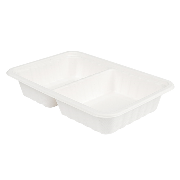 PLATEAUX 2 COMPART + COUVERCLE "BIONIC" 800 ML 23,3x14,6x6 CM BLANC BAGASSE (400 UNITÉ) - Garcia de Pou