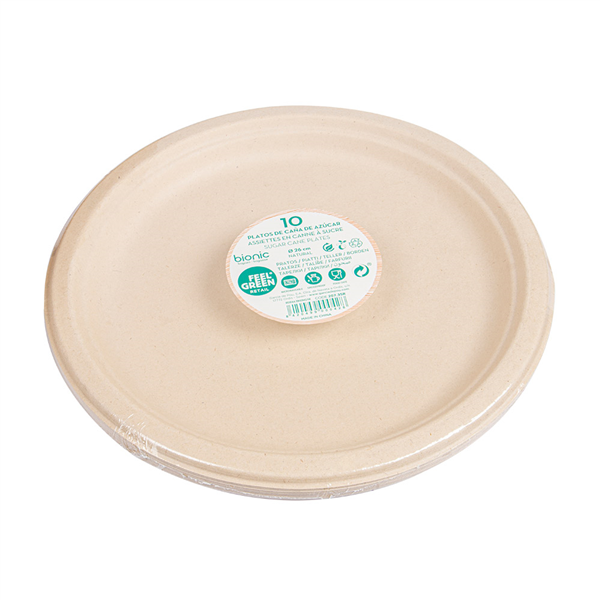ASSIETTES BIONIC  Ø 26x2,1 CM NATUREL BAGASSE (130 UNITÉ)