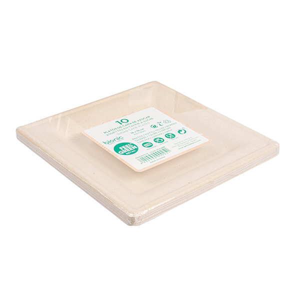 ASSIETTES CARRÉES BIONIC  16x16x1 CM NATUREL BAGASSE (180 UNITÉ)