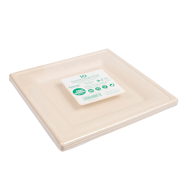 ASSIETTES CARRÉES BIONIC  20x20x1 CM NATUREL BAGASSE (200 UNITÉ)