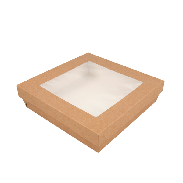 PETITES BOÎTES+COUVERCLES AVEC FÊNETRE 1000 ML 290 + 18 PE G/M2 18,5x18,5x4 CM MARRON CARTON (200 UNITÉ) - Garcia de Pou