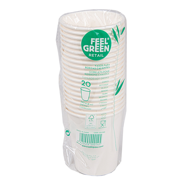 GOBELETS BOISSONS CHAUDES 1 PAROI  240 ML 280 + 18 PE G/M2 Ø8/5,6x9,2 CM BLANC CARTON (400 UNITÉ)