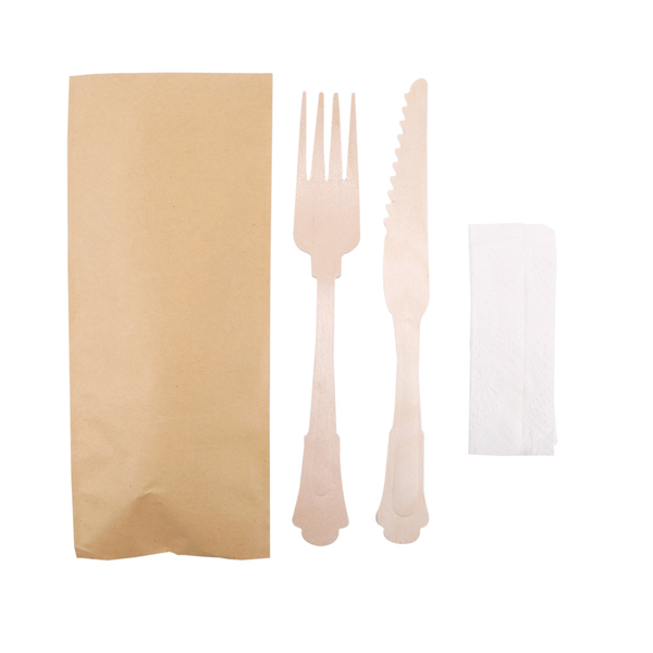 SETS FOURCHETTE+COUTEAU+SERVIETTE "CLASSIC"  20 CM NATUREL BOIS (100 UNITÉ) - Garcia de Pou