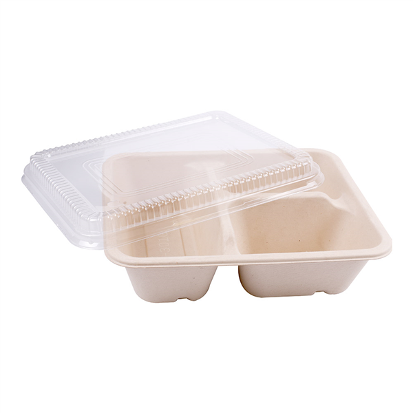 PLATEAUX 3 COMPART + COUVERCLE PET "BIONIC" 950 ML 22x18x5,5+1,3 CM NATUREL BAGASSE (100 UNITÉ) - Garcia de Pou