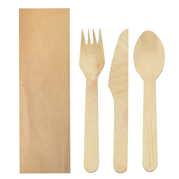 SET FOURCHETTE, COUTEAU, CUILLÈRE SOUS SACHETS KRAFT "MAKAN"  16 CM NATUREL BOIS (100 UNITÉ) - Garcia de Pou