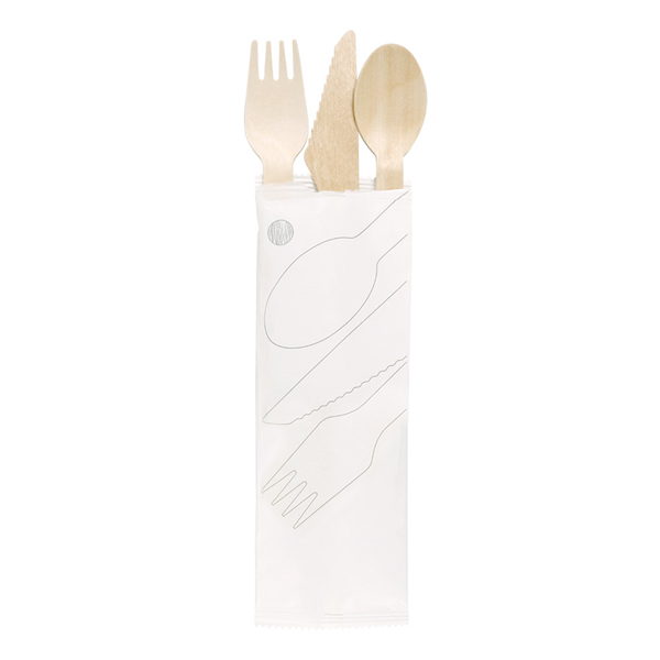 SET FOURCHETTE, COUTEAU, CUILLÈRE SOUS SACHETS "MAKAN"  16 CM NATUREL BOIS (100 UNITÉ) - Garcia de Pou