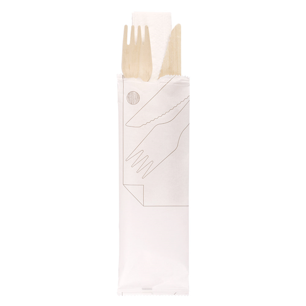 SET FOURCHETTE, COUTEAU, SERVIETTE SOUS SACHETS "MAKAN"  16 CM NATUREL BOIS (100 UNITÉ) - Garcia de Pou