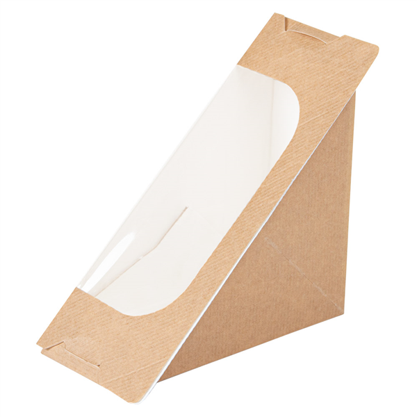 BOÎTES SANDWICH TRIANGULAIRE + FENÊTRE AUTO-ADHÉSIVE "THEPACK" 220 G/M2 + OPP 12,4x12,4x5,5 CM NATUREL CARTON ONDULÉ NANO-MICRO (500 UNITÉ) - Garcia de Pou