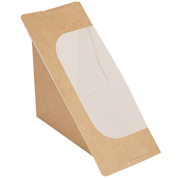 BOÎTES SANDWICH DOBLE TRIANGULAIRE + FENÊTRE AUTO-ADHÉSIVE "THEPACK" 220 G/M2 + OPP 12,4x12,4x7,5 CM NATUREL CARTON ONDULÉ NANO-MICRO (500 UNITÉ) - Garcia de Pou