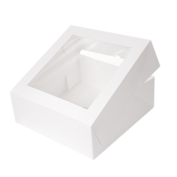 BOÎTES PÂTISSERIES AVEC FENÊTRE "THEPACK" 250 G/M2 + OPP 28x28x10 CM BLANC CARTON ONDULÉ NANO-MICRO (100 UNITÉ) - Garcia de Pou