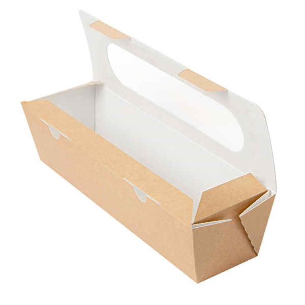 BOÎTES SANDWICH AVEC FENÊTRE - BAGUETTE "THEPACK" 220 G/M2 + OPP 27,5x8x6,2 CM NATUREL CARTON ONDULÉ NANO-MICRO (200 UNITÉ) - Garcia de Pou