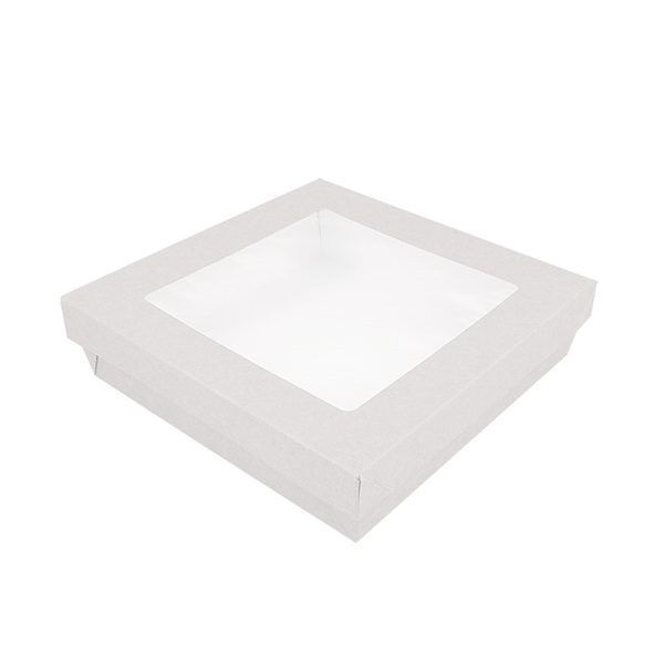 PETITES BOÎTES+COUVERCLES AVEC FÊNETRE "THEPACK" 1000 ML 250 G/M2 + 12PP + OPP 18,5x18,5x4 CM BLANC CARTON ONDULÉ NANO-MICRO (200 UNITÉ) - Garcia de Pou