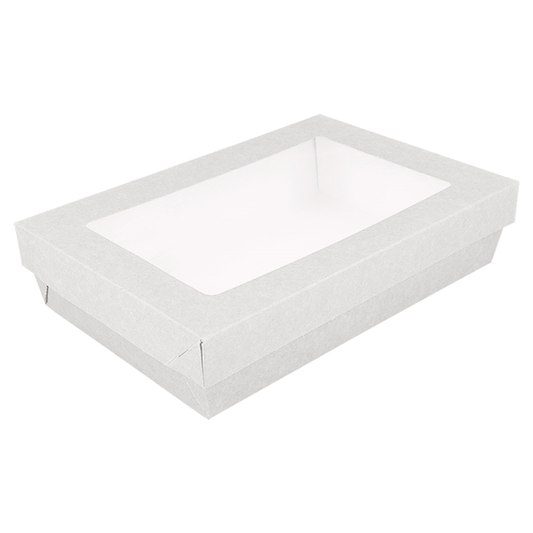 PETITES BOÎTES+COUVERCLES AVEC FÊNETRE "THEPACK" 1300 ML 250 G/M2 + 12PP + OPP 21x14x5 CM BLANC CARTON ONDULÉ NANO-MICRO (200 UNITÉ) - Garcia de Pou