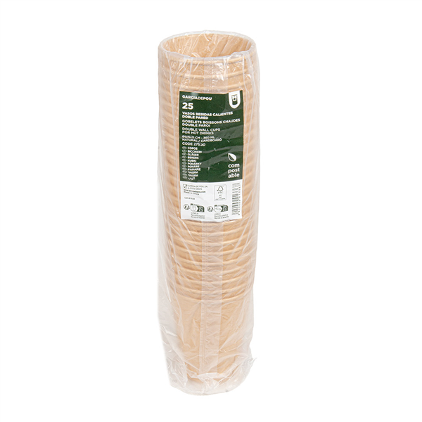 GOBELETS BOISSONS CHAUDES DOUBLE PAROI  360 ML 328 + 210 G/M2 Ø9/6x11 CM NATUREL CARTON (1000 UNITÉ)