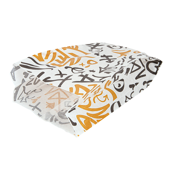 POCHETTES HAMBURGERS PFAS FREE PFAS FREE "GRAFFITI" 35 G/M2 14+7x22 CM BLANC PARCH.INGRAISSABLE (500 UNITÉ)