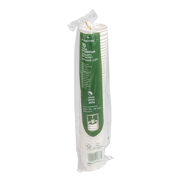 VERRES COMPOSTABLES EMBALLÉS  240 ML 280 G/M2 Ø8/5,6x9,2 CM BLANC CARTON (1000 UNITÉ)