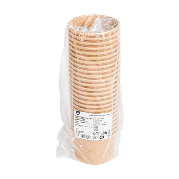 RÉCIPIENTS + COUVERCLES PP  240 ML - 8 oz 300 + 18 PE G/M2 Ø9/7,5x6 CM NATUREL KRAFT (250 UNITÉ)