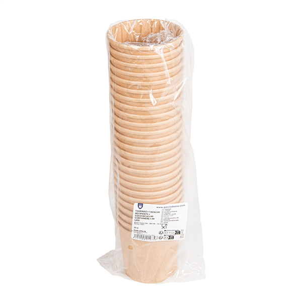 RÉCIPIENTS + COUVERCLES PP  360 ML - 12 oz 300 + 18 PE G/M2 Ø 9/7,3x8,6 CM NATUREL KRAFT (250 UNITÉ)