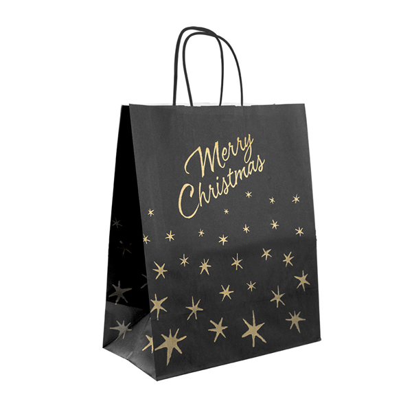 SACS SOS AVEC ANSES "MERRY CHRISTMAS"  80 G/M2 20+10x29 CM NOIR KRAFT (250 UNITÉ)