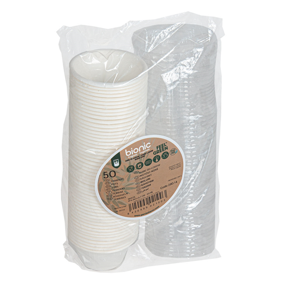 MINI POTS + COUVERCLES PET BIONIC 60 ML Ø 6,9x3+0,7 CM BLANC BAGASSE (1000 UNITÉ)