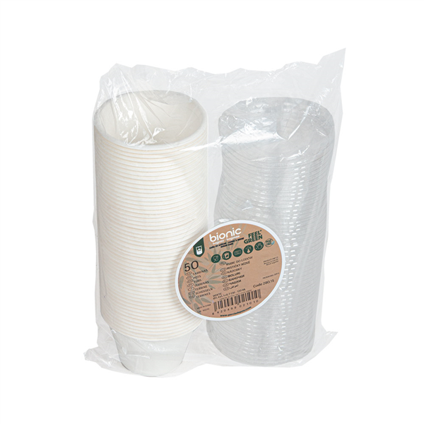 MINI POTS + COUVERCLES PET BIONIC 120 ML Ø7,4x5,1+0,7 CM BLANC BAGASSE (800 UNITÉ)