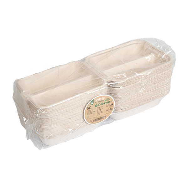 BOÎTES POUR BURRITOS 2 COMPARTIMENTS BIONIC 420 ML 36,58x14,8x4,75 CM NATUREL BAGASSE (300 UNITÉ)