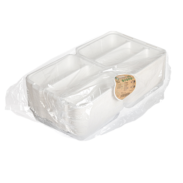 BOÎTES POUR BURRITOS 3 COMPARTIMENTS BIONIC 630 ML 36,58x21x4,75 CM BLANC BAGASSE (300 UNITÉ)