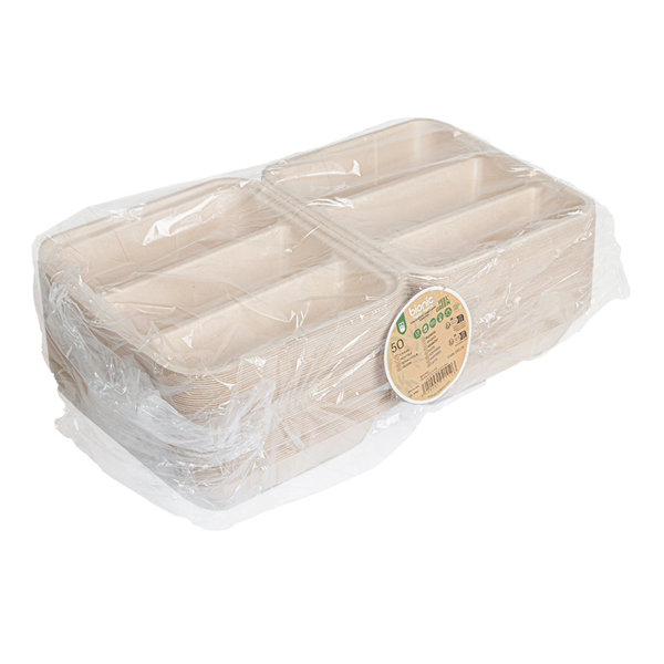 BOÎTES POUR BURRITOS 3 COMPARTIMENTS BIONIC 630 ML 36,58x21x4,75 CM NATUREL BAGASSE (300 UNITÉ)