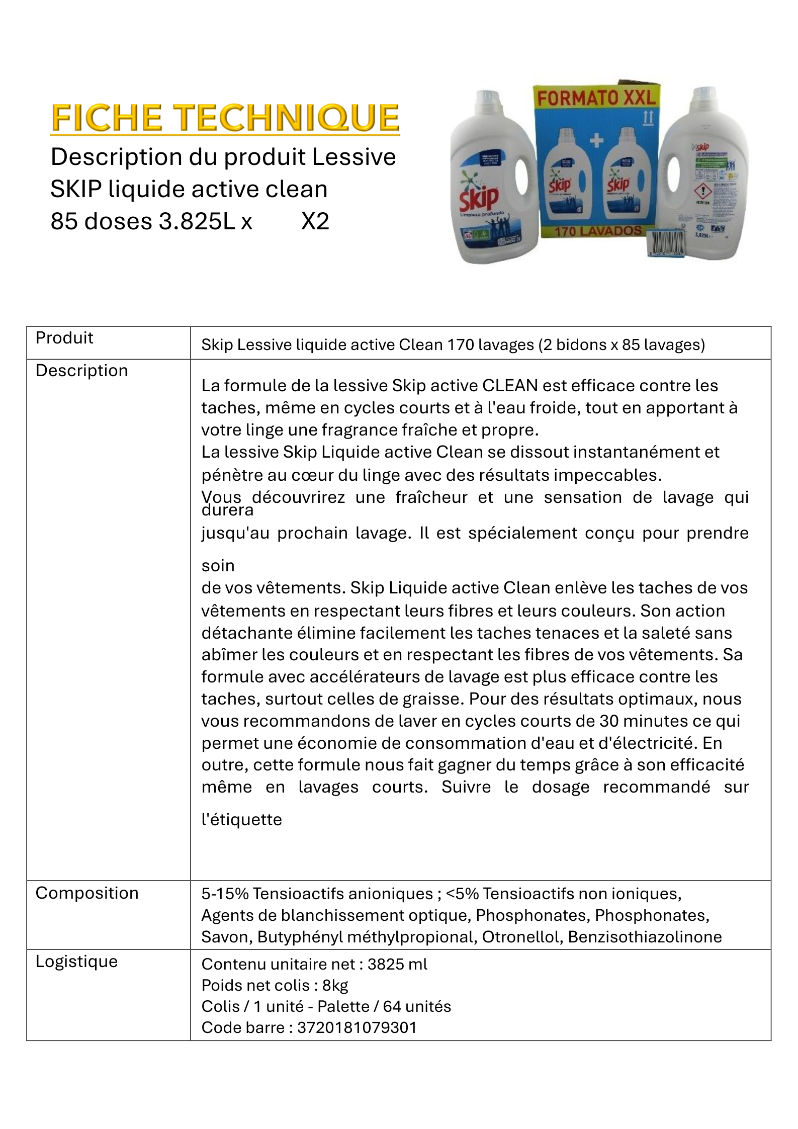 LESSIVE SKIP LIQUIDE ACTIVE CLEAN 85 doses (3.825L x 2)