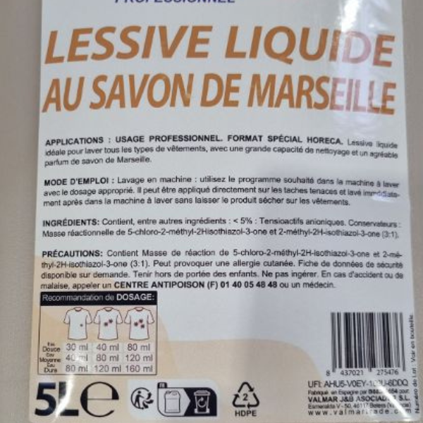 Lessive liquide professionnel au savon de Marseille  - 5litres