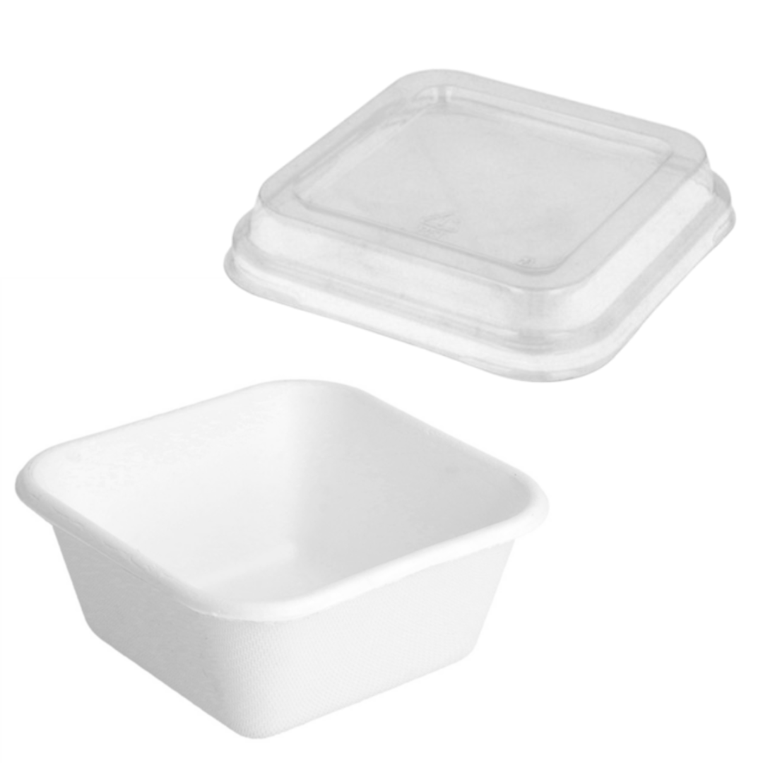 BOL carré 'BIONIC' 250 ML 9,5x9,5x4,3 CM BLANC BAGASSE avec son couvercle - destockage