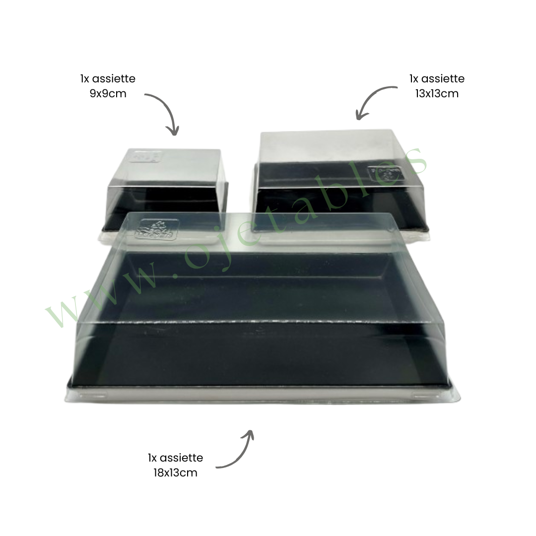 Kit 3 raviers quartz noirs "SF" en pulpe de canne avec couv. pour 100 plateaux