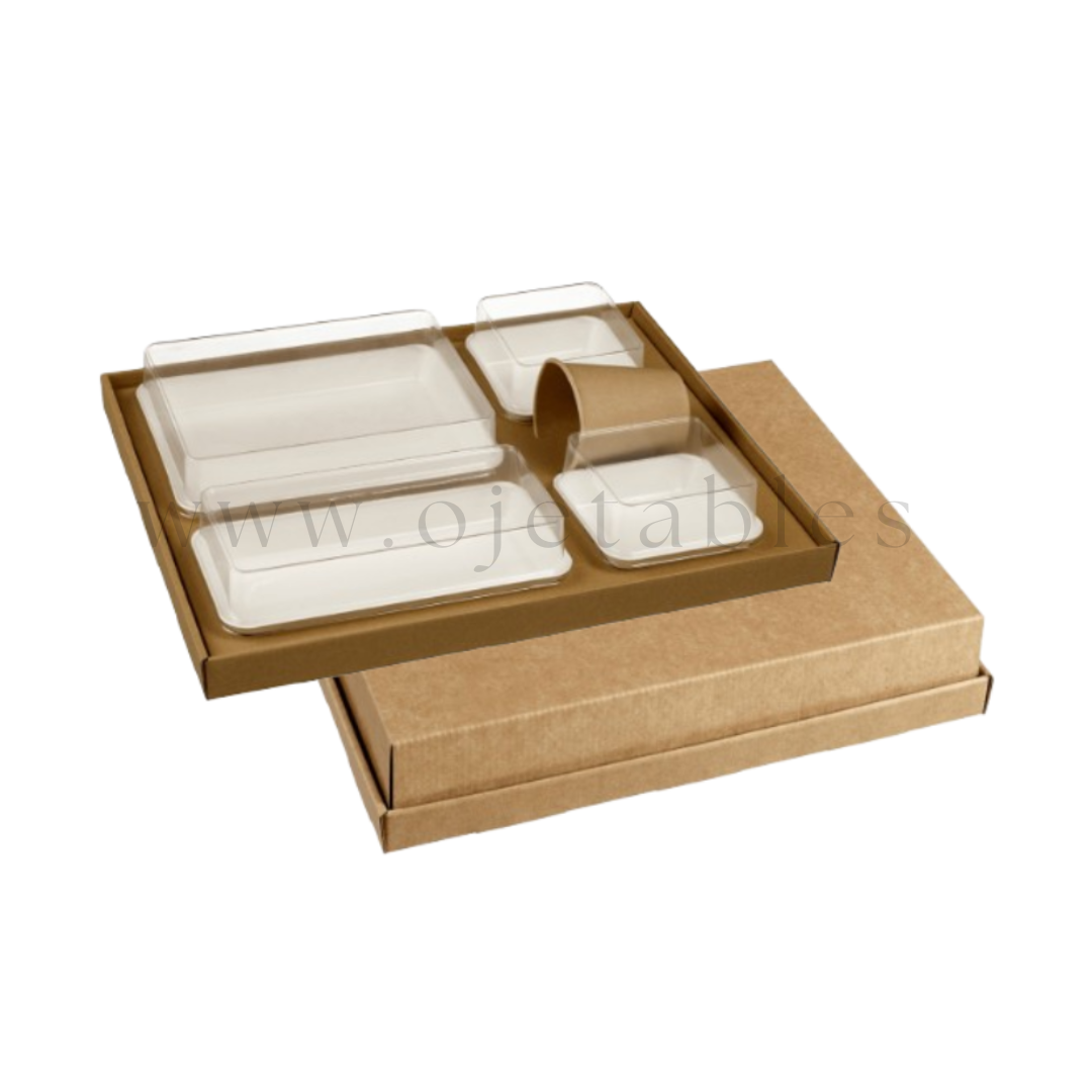 Kit 4 raviers kanopée blancs "AF" en pulpe de canne pour 100 plateaux repas 