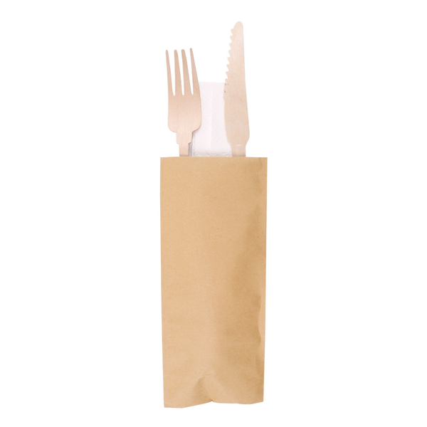 SETS FOURCHETTE+COUTEAU+SERVIETTE "CLASSIC"  20 CM NATUREL BOIS (100 UNITÉ) - Garcia de Pou