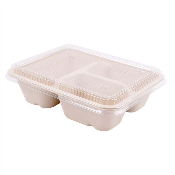 PLATEAUX 3 COMPART + COUVERCLE PET "BIONIC" 950 ML 22x18x5,5+1,3 CM NATUREL BAGASSE (100 UNITÉ) - Garcia de Pou