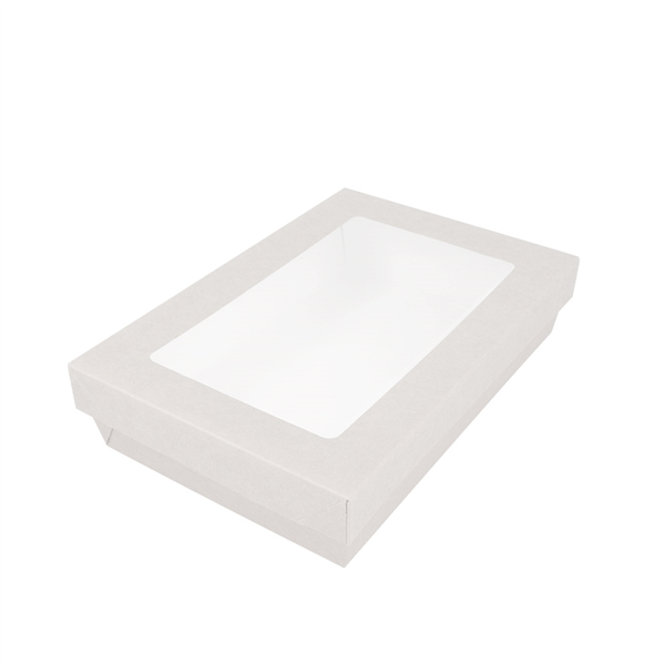 PETITES BOÎTES+COUVERCLES AVEC FÊNETRE 1300 ML 290 + 18 PE G/M2 21x14x5 CM BLANC CARTON (200 UNITÉ) - Garcia de Pou