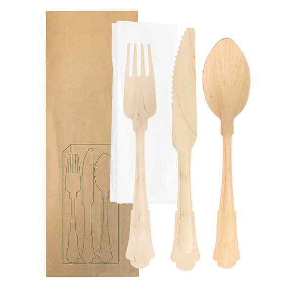 SET FOURCHETTE, COUTEAU, CUILLÈRE+SERVIETTE EMB. KRAFT "CLASSIC"  20 CM NATUREL BOIS (100 UNITÉ) - Garcia de Pou