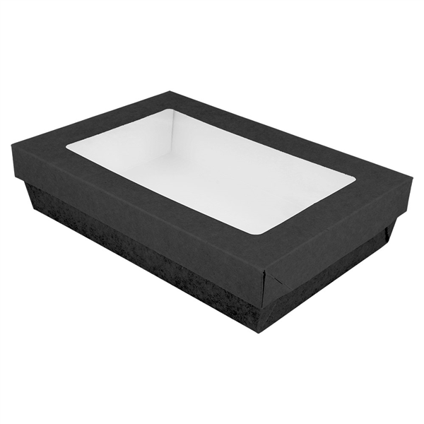 PETITES BOÎTES+COUVERCLES AVEC FÊNETRE 1300 ML 290 + 18 PE G/M2 21x14x5 CM NOIR CARTON (200 UNITÉ) - Garcia de Pou