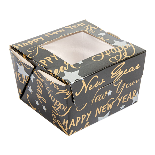 PETITES BOÎTES AVEC FENÊTRE "HAPPY NEW YEAR" 300 ML 300 G/M2 8x7,5x5,5 CM NOIR CARTON (600 UNITÉ) - Garcia de Pou