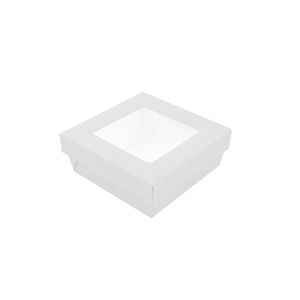 PETITES BOÎTES+COUVERCLES AVEC FÊNETRE "THEPACK" 500 ML 230 G/M2 + 12PP + OPP 12x12x5 CM BLANC CARTON ONDULÉ NANO-MICRO (250 UNITÉ) - Garcia de Pou