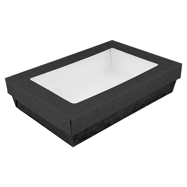 PETITES BOÎTES+COUVERCLES AVEC FÊNETRE "THEPACK" 1300 ML 250 G/M2 + 12PP + OPP 21x14x5 CM NOIR CARTON ONDULÉ NANO-MICRO (200 UNITÉ) - Garcia de Pou