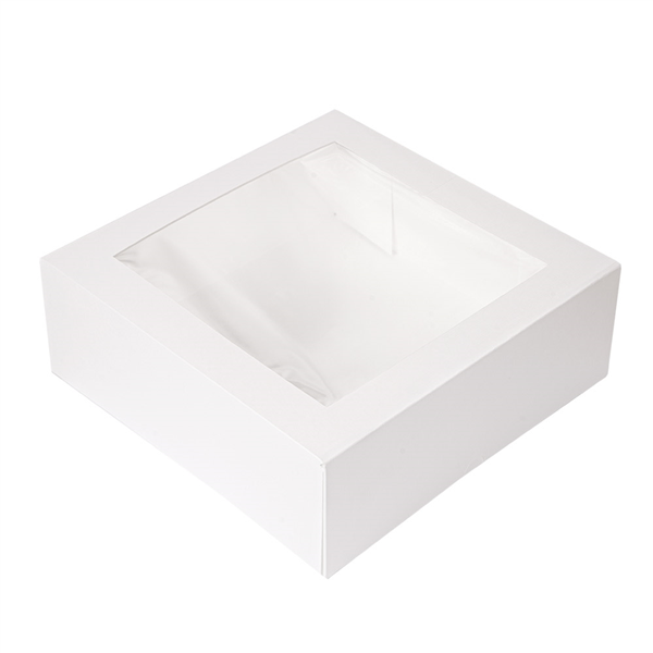 BOÎTES PATISSERIES AVEC FENÊTRE "THEPACK" 250 G/M2 + OPP 26x26x8 CM BLANC CARTON ONDULÉ NANO-MICRO (100 UNITÉ) - Garcia de Pou