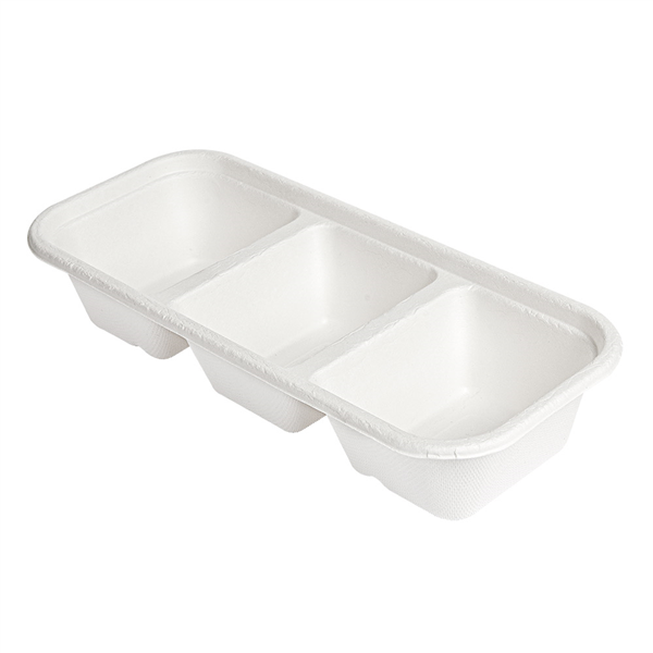 PLATEAUX 3 COMPART "BIONIC" 500 ML 22,5x9,6x4,3 CM BLANC BAGASSE (600 UNITÉ) - Garcia de Pou